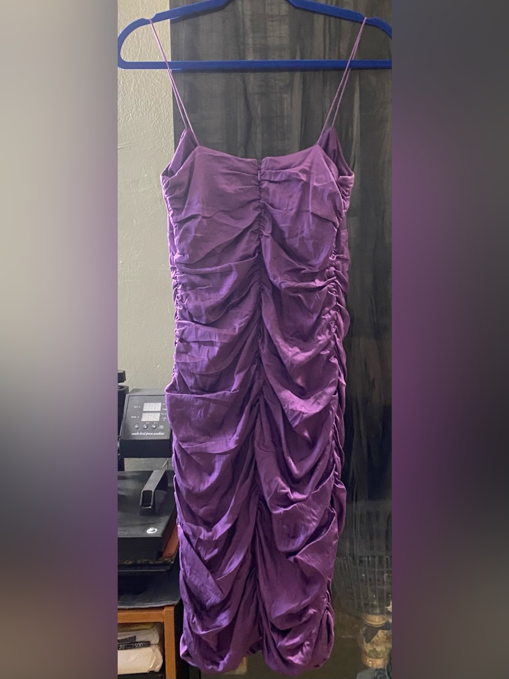 Nicole Miller-Silk Ruched Purple Spaghetti-Strap Dress